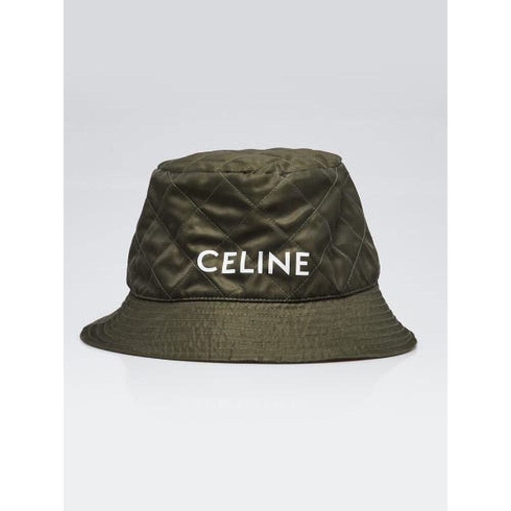 Celine Dark Green Orange Quilted Polyester Logo Bucket Hat Size M - Picture 2 of 7